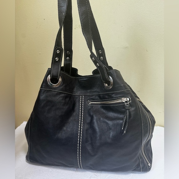 ROOTS Pebble Leather Expandable Big Tote Bag Satchel Shoulder Handbag Zip Pocket - Picture 3 of 16